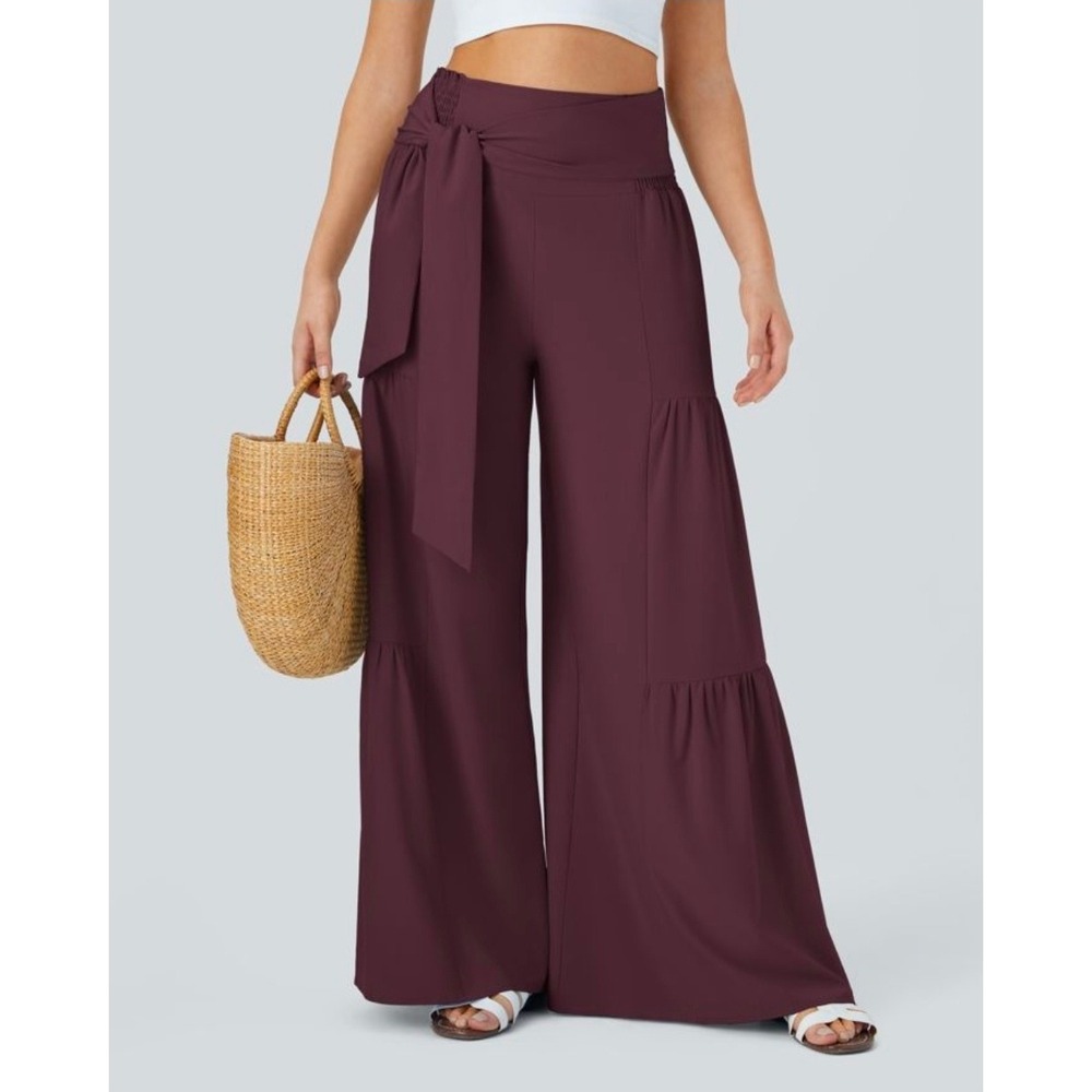 Halara Breezeful High Waisted Shirred Tie Front Wide Leg Flowy Pants L NWT